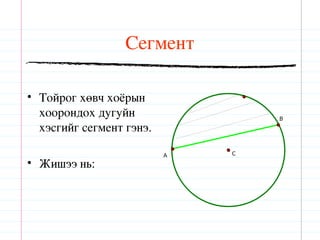 Сегмент

• Тойрог хөвч хоёрын
  хоорондох дугуйн                B
  хэсгийг сегмент гэнэ.

                          A   C

• Жишээ нь:
 