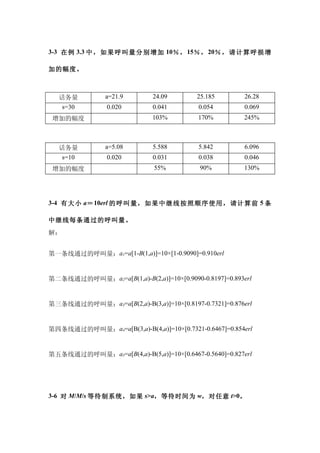 3-3 在 例 3.3 中 ， 如 果 呼 叫 量 分 别 增 加 10％ ， 15％ ， 20％ ， 请 计 算 呼 损 增

加的幅度。



  话务量           a=21.9       24.09        25.185       26.28
   s=30         0.020        0.041        0.054        0.069
 增加的幅度                       103%         170%         245%



  话务量           a=5.08       5.588        5.842        6.096
   s=10         0.020        0.031        0.038        0.046
 增加的幅度                        55%          90%         130%




3-4 有 大小 a＝ 10erl 的 呼叫 量， 如果 中继 线按 照顺 序使 用， 请计 算前 5 条

中继线每条通过的呼叫量。
解：


第一条线通过的呼叫量：a1=a[1-B(1,a)]=10×[1-0.9090]=0.910erl


第二条线通过的呼叫量：a2=a[B(1,a)-B(2,a)]=10×[0.9090-0.8197]=0.893erl


第三条线通过的呼叫量：a3=a[B(2,a)-B(3,a)]=10×[0.8197-0.7321]=0.876erl


第四条线通过的呼叫量：a4=a[B(3,a)-B(4,a)]=10×[0.7321-0.6467]=0.854erl


第五条线通过的呼叫量：a5=a[B(4,a)-B(5,a)]=10×[0.6467-0.5640]=0.827erl




3-6 对 M/M/s 等待制系统，如果 s>a，等待时间为 w，对任意 t>0。
 