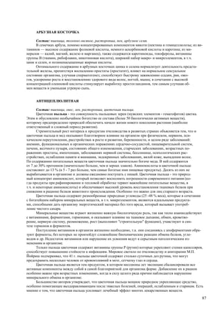 АРБУЗНАЯ КОСТОЧКА

      Состав: пшеница, толокно овсяное, расторопша, пен, арбузное семя.
      В семечках арбуза, помимо концентрированных компонентов мякоти (пектина и гемицеллюлозы; из ви-
таминов — высокое содержание фолиевой кислоты, немного аскорбиновой кислоты и каротина; из ми-
нералов — калий, магний, железо и марганец), также содержатся каротиноиды, токоферолы, витамины
группы В (тиамин, рибофлавин, никотиновая кислота), широкий набор макро- и микроэлементов, в т.ч.
цинк и селен, и полиненасыщенные жирные кислоты.
      Оптимального содержание в арбузных косточках цинка и селена нормализует деятельность предста-
тельной железы, препятствуя воспалению простаты (простатит), влияет на нормальное сексуальное
состояние организма, улучшая сперматогенез; способствует быстрому заживлению ссадин, ран, ожо-
гов, ускорению роста и восстановлению здорового вида волос, ногтей, мышц; в сочетании с высокой
концентрацией олеиновой кислоты стимулирует выработку простогландинов, тем самым улучшая об-
мен веществ и уменьшая угревую сыпь.


     АНТИЦЕПЛЮЛИТНАЯ

       Состав: пшеница, овес, лен, расторопша, цветочная пыльца.
       Цветочная пыльца - это совокупность пыльцовых зерен (мужских элементов - гематофитов) цветка.
Этим и обусловлено необычайное богатство ее состава (более 50 биологически активных веществ),
которому предопределено природой обеспечить начало жизни нового поколения растения (наиболее
ответственный и сложный период развития).
       Стремительный рост интереса к продуктам пчеловодства в развитых странах объясняется тем, что и
цветочная пыльца и мед оказывают благотворное влияние на организм при физическом, нервном, пси-
хическом переутомлении, расстройствах в росте и развитии, беременности, и целом ряде заболеваний:
анемиях, функциональных и органических поражениях сердечно-сосудистой, пищеварительной систем,
печени, желчного пузыря, состояниях общего изнеможения, старческих заболеваниях, возрастных по-
ражениях простаты, импотенции, заболеваниях нервной системы, бессоннице, психологических рас-
стройствах, ослаблении памяти и внимания, эндокринных заболеваниях, вялой коже, выпадении волос.
По содержанию питательных веществ цветочная пыльца значительно богаче меда. В ней содержится
от 7 до 30% протеинов (значительно больше, чем в зернах злаков). Аминокислоты в цветочной пыльце
составляют до 13 % (в 5 - 7 раз больше, чем самые богатые ими пищевые продукты). Десять из них не
вырабатывается в организме и должны ежедневно поступать с пищей. Цветочная пыльца - это природ-
ный концентрат аминокислот, который позволяет восполнить погрешности современного питания (ко-
гда продукты при рафинировании и тепловой обработке теряют важнейшие питательные вещества, в
т.ч. и некоторые аминокислоты) и обеспечивают высокий уровень восстановления тканевых белков при
снижении в рационе белков животного происхождения. Особенно это важно для лиц старшего возраста.
       Цветочная пыльца содержит разнообразные природные углеводы (25 -48 % веса), которые в сочетании
с богатейшим набором минеральных веществ, в т.ч. микроэлементов, являются идеальными продукта-
ми, способными дать организму энергетический материал без того вреда, который вызывает употреб-
ление чистого сахара.
       Минеральные вещества играют жизненно важную биологическую роль, так как тесно взаимодействуют
с витаминами, ферментами, гормонами, и оказывают влияние на тканевое дыхание, обмен, кроветво-
рение, нервную систему, размножение, рост (выполняют "строительную" функцию), учавствуют в син-
тезе гормонов и ферментов.
       Поступление витаминов в организм жизненно необходимо, т.к. они соединяясь с апоферментами обра-
зуют ферменты, без которых не произойдут сложнейшие биохимические реакции обмена белков, угле-
водов и др. Недостаток витаминов или нарушение их усвоения ведут к серьезным патологическим из-
менениям в организме.
       Только пыльца цветочная содержит витамины группы Р (рутин) которые укрепляют стенки капилляров,
способствует повышению стойкости к инфекциям. Мировое светило по пчеловодству и апитерапии М.П.
Йойриш подчеркивал, что 41 г. пыльцы цветочной содержат столько суточных доз рутина, что могут
предохранить несколько человек от кровоизлияний в мозг, сетчатку глаз и сердца.
       Цветочная пыльца является тем продуктом, в котором миллионы лет эволюции сбалансировали все
активные компоненты между собой в самой благоприятной для организма форме. Добавление их в рацион
особенно важно при возрастных изменениях, когда в силу целого ряда причин наблюдается нарушение
минерального обмена в организме.
       Большинство авторов утверждает, что цветочная пыльца мощное природное укрепляющее средство,
особенно помогающее выздоравливающим после тяжелых болезней, операций, ослабленным и старикам. Есть
мнение о том, что цветочная пыльца усиливает лечебный эффект многих лекарственных веществ.

                                                                                                     87
 