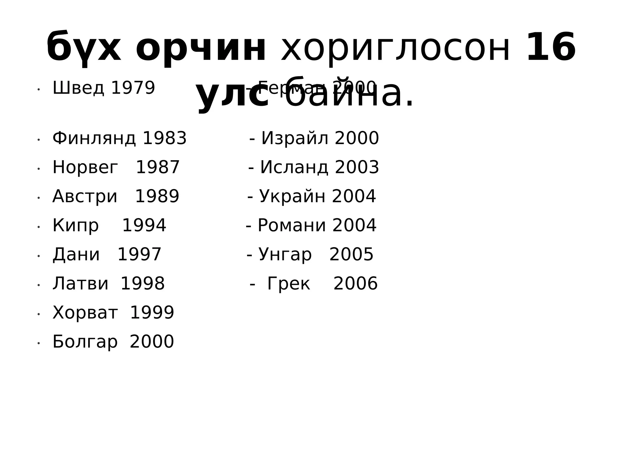бүх орчин хориглосон 16
•   Швед 1979
              улс байна.
                - Герман 2000

•   Финлянд 1983   - Израйл 2000
•   Норвег 1987    - Исланд 2003
•   Австри 1989    - Украйн 2004
•   Кипр   1994    - Романи 2004
•   Дани 1997      - Унгар 2005
•   Латви 1998     - Грек   2006
•   Хорват 1999
•   Болгар 2000
 
 