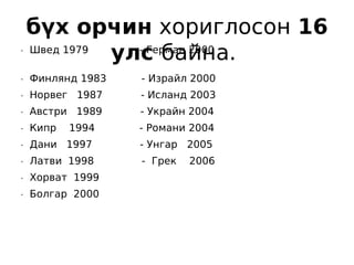 бүх орчин хориглосон 16
•   Швед 1979
              улс байна.
                - Герман 2000

•   Финлянд 1983   - Израйл 2000
•   Норвег 1987    - Исланд 2003
•   Австри 1989    - Украйн 2004
•   Кипр   1994    - Романи 2004
•   Дани 1997      - Унгар 2005
•   Латви 1998     - Грек   2006
•   Хорват 1999
•   Болгар 2000
 
 