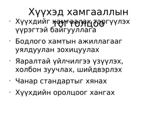 Хүүхэд хамгааллын
•
    Хүүхдийг тогтолцоо
             хамгаалах тэргүүлэх
    үүрэгтэй байгууллага
•
    Бодлого хамтын ажиллагааг
    уялдуулан зохицуулах
•
    Яаралтай үйлчилгээ үзүүлэх,
    холбон зуучлах, шийдвэрлэх
•
    Чанар стандартыг хянах
•
    Хүүхдийн оролцоог хангах
 