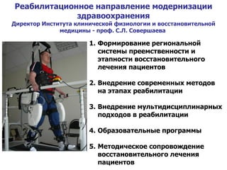 Реабилитационное направление модернизации здравоохранения Директор Института клинической физиологии и восстановительной медицины - проф. С.Л. Совершаева  Формирование региональной системы преемственности и этапности восстановительного лечения пациентов Внедрение современных методов на этапах реабилитации Внедрение мультидисциплинарных подходов в реабилитации Образовательные программы Методическое сопровождение восстановительного лечения пациентов 
