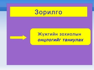 Зорилго Жүжгийн зохиолын  онцлогийг таниулах 