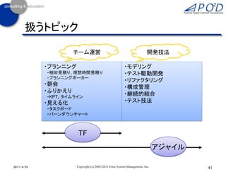 扱うトピック

                     チーム運営                                              開発技法

            ・プランニング                                     ・モデリング
            ・相対見積り、理想時間見積り                              ・テスト駆動開発
            ・プランニングポーカー
                                                        ・リファクタリング
            ・朝会
                                                        ・構成管理
            ・ふりかえり
            ・KPT、タイムライン
                                                        ・継続的結合
            ・見える化                                       ・テスト技法
            ・タスクボード
            ・バーンダウンチャート



                       TF
                                                                             アジャイル

2011/3/25             Copyright (c) 2002-2011 Eiwa System Management, Inc.           41
 