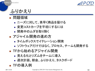 ふりかえり
           問題領域
               ニーズに対して、素早く商品を届ける
               変更コストカーブを平坦にするには
               開発中のムダを取り除く
           アジャイル開発の進め方
               タイムボックスでイテレーション開発
               ソフトウェアだけではなく、プロセス、チームも開発する
           TFから始めるアジャイル開発
               見える化とリズムをチームに導入
               週次計画、朝会、ふりかえり、タスクボード
           TFの導入例
2011/3/25            Copyright (c) 2002-2011 Eiwa System Management, Inc.   50
 