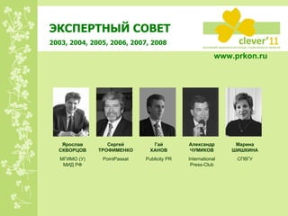 Ярослав СКВОРЦОВ МГИМО (У) МИД РФ Сергей ТРОФИМЕНКО PointPassat Гай ХАНОВ Publicity PR Александр ЧУМИКОВ International Press-Club Марина ШИШКИНА СПбГУ www.prkon.ru   ЭКСПЕРТНЫЙ СОВЕТ 2003, 2004, 2005, 2006 , 2007, 2008 