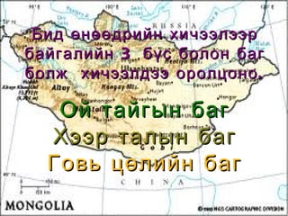 Бид өнөөдрийн хичээлээр байгалийн 3 бүс болон баг болж  хичээлдээ оролцоно. Ой тайгын баг Хээр талын баг Говь цөлийн баг 