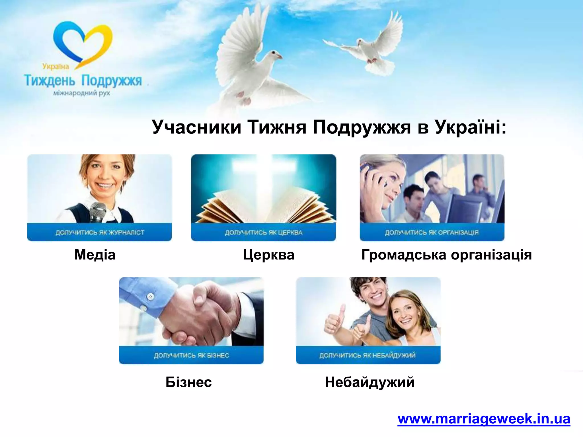 Учасники Тижня Подружжя в Україні:МедіаЦеркваГромадськаорганізаціяБізнесНебайдужийwww.marriageweek.in.ua