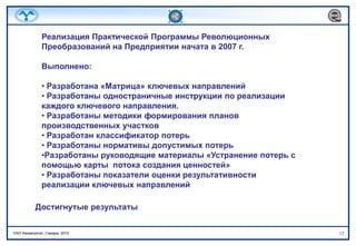Реализация Практической Программы Революционных Преобразований на Предприятии начата в 2007 г.Выполнено: Разработана «Матрица» ключевых направлений