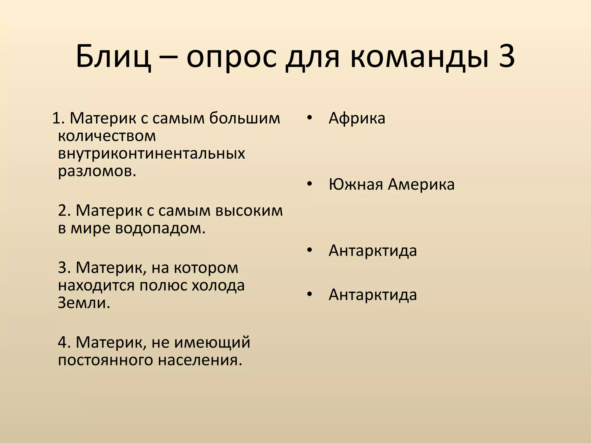 Блиц – опрос для команды 3 1. Материк с самым большим количеством внутриконтинентальных разломов.  2. Материк с самым высоким в мире водопадом.  3. Материк, на котором находится полюс холода Земли.  4. Материк, не имеющий постоянного населения.  Африка Южная Америка  Антарктида Антарктида 