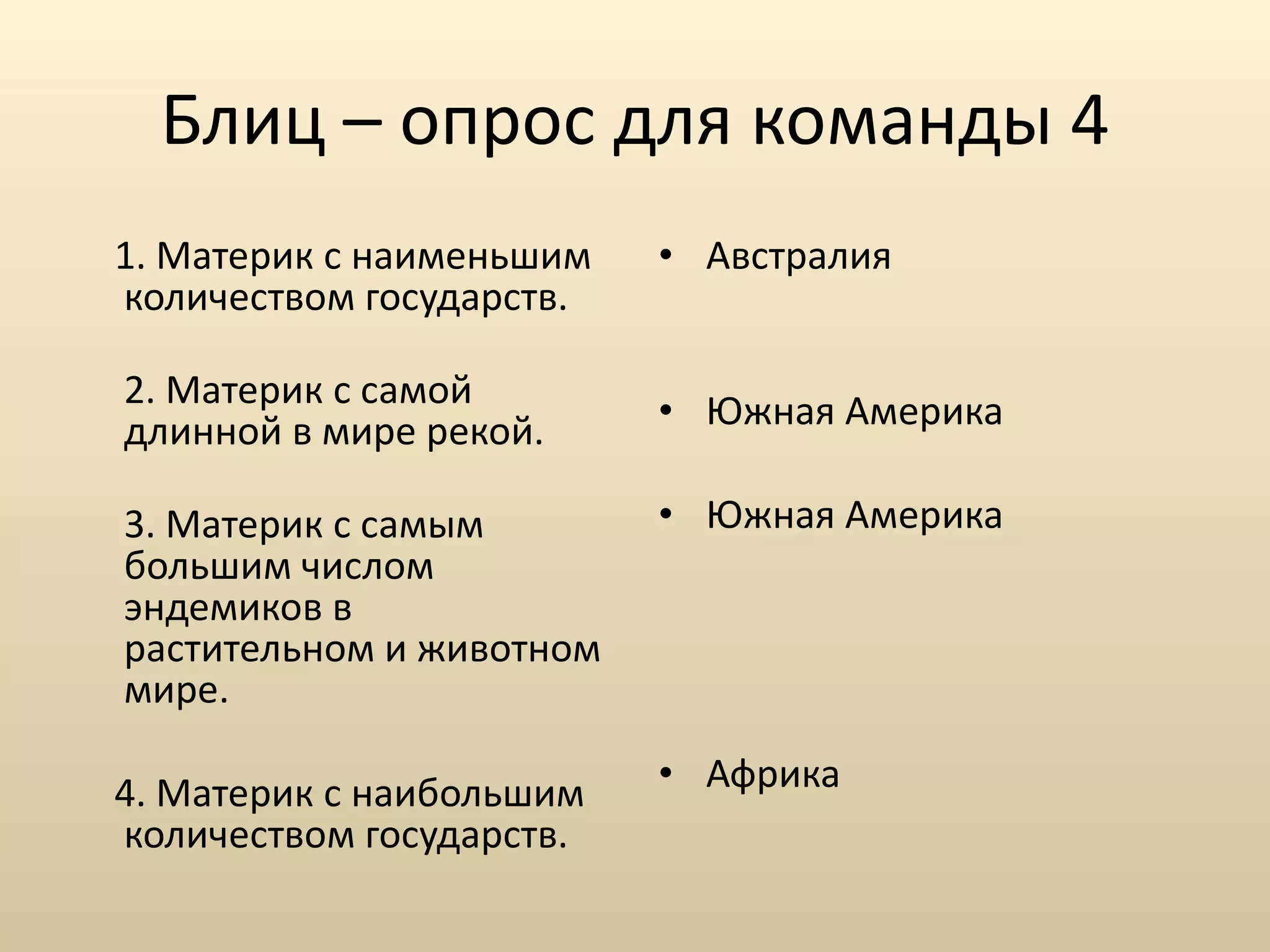 Блиц – опрос для команды 4 1. Материк с наименьшим количеством государств.  2. Материк с самой длинной в мире рекой.  3. Материк с самым большим числом эндемиков в растительном и животном мире.  4. Материк с наибольшим количеством государств.  Австралия  Южная Америка Южная Америка Африка 