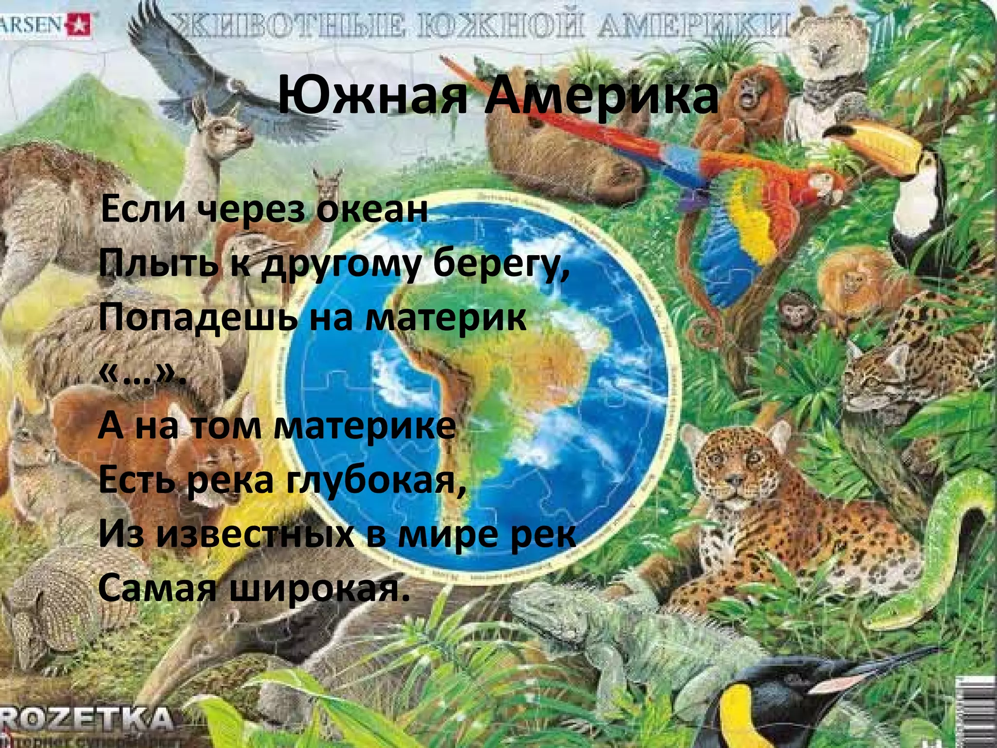 Южная Америка Если через океан Плыть к другому берегу, Попадешь на материк «…». А на том материке Есть река глубокая, Из известных в мире рек Самая широкая. 