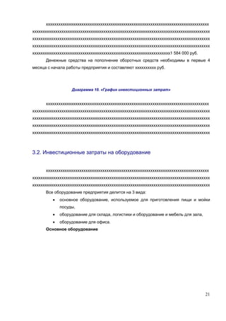 хххххххххххххххххххххххххххххххххххххххххххххххххххххххххххххххххххххххххххххх
ххххххххххххххххххххххххххххххххххххххххххххххххххххххххххххххххххххххххххххххххххххх
ххххххххххххххххххххххххххххххххххххххххххххххххххххххххххххххххххххххххххххххххххххх
ххххххххххххххххххххххххххххххххххххххххххххххххххххххххххххххххххххххххххххххххххххх
хххххххххххххххххххххххххххххххххххххххххххххххххххххххххххххххххх1 584 000 руб.
      Денежные средства на пополнение оборотных средств необходимы в первые 4
месяца с начала работы предприятия и составляют хххххххххх руб.




                   Диаграмма 10. «График инвестиционных затрат»


      хххххххххххххххххххххххххххххххххххххххххххххххххххххххххххххххххххххххххххххх
ххххххххххххххххххххххххххххххххххххххххххххххххххххххххххххххххххххххххххххххххххххх
ххххххххххххххххххххххххххххххххххххххххххххххххххххххххххххххххххххххххххххххххххххх
ххххххххххххххххххххххххххххххххххххххххххххххххххххххххххххххххххххххххххххххххххххх
ххххххххххххххххххххххххххххххххххххххххххххххххххххххххххххххххххххххххххххххххххххх



3.2. Инвестиционные затраты на оборудование


      хххххххххххххххххххххххххххххххххххххххххххххххххххххххххххххххххххххххххххххх
ххххххххххххххххххххххххххххххххххххххххххххххххххххххххххххххххххххххххххххххххххххх
ххххххххххххххххххххххххххххххххххххххххххххххххххххххххххххххххххххххххххххххххххххх
      Все оборудование предприятия делится на 3 вида:
         •   основное оборудование, используемое для приготовления пищи и мойки
             посуды,
         •   оборудование для склада, логистики и оборудование и мебель для зала,
         •   оборудование для офиса.
      Основное оборудование




                                                                                    21
 