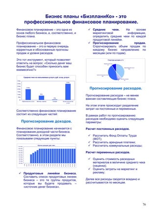 Бизнес планы «БизпланиКо» - это
               профессиональное финансовое планирование.
Финансовое планирование – это одна из                                                                                                                                                                                                Средние      чеки.     На    основе
основ любого бизнеса, а, соответственно, и                                                                                                                                                                                           маркетинговой           информации,
бизнес плана.                                                                                                                                                                                                                        определить средние чеки по каждой
                                                                                                                                                                                                                                     продуктовой линейке.
Профессиональное финансовое                                                                                                                                                                                                          Прогнозирование             продаж.
планирование – это в первую очередь                                                                                                                                                                                                  Спрогнозировать объем продаж по
корректные и обоснованные прогнозы                                                                                                                                                                                                   каждому бизнес направлению по
продаж и уровня расходов.                                                                                                                                                                                                            месяцам (или по годам).

Это тот инструмент, который позволяет                                                                                                                                                                                                                          Структура доходов, в %

ответить на вопрос: «Сколько денег ваш                                                                                                                                                                                                                 Продажа косметики
                                                                                                                                                                                                                                                              9%

бизнес будет способен приносить вам                                                                                                                                                                                                                                                       Парикмахерские услуги

ежемесячно?»                                                                                                                                                                                                                                                                                      39%




                                                                                                                                                                                                                                        Космет ологические услуги
                                                                                                                                                                                                                                                  44%
               Средние чеки на оказываемые услуги, руб. за ед. услуги
                                                                                                                                                                                                                                                                           Солярий Маникюр, педикюр
                                                                                                                                                                                                                                                                             2%          6%
3 500р.
                                                                                                                                                                                        3 000р.
3 000р.

2 500р.

2 000р.
                       2 000р.
                                                                                                                                                                                                                                   Прогнозирование расходов.
1 500р.

1 000р.                                                                     800р.

 500р.
                                                                                                                                                                                                                                 Прогнозирование расходов – не менее
    0р.
                                                                                                                                     100р.
                                                                                                                                                                                                                                 важная составляющая бизнес плана.
          Парикмахерские услуги                                 Маникюр, педикюр                                            Солярий                                        Косметологические
                                                                                                                                                                                услуги

                                                                                                                                                                                                                                 На этом этапе происходит разделение
                                                                                                                                                                                                                                 затрат на постоянные и переменные.
Соответственно финансовое планирование
состоит из следующих частей:                                                                                                                                                                                                     В рамках работ по прогнозированию
                                                                                                                                                                                                                                 расходов необходимо оценить следующие
          Прогнозирование доходов.                                                                                                                                                                                               параметры:

Финансовое планирование начинается с                                                                                                                                                                                             Расчет постоянных расходов.
планирования доходной части бизнеса.
Соответственно, в этом разделе мы                                                                                                                                                                                                    Рассчитать Фонд Оплаты Труда
показываем следующие пункты:                                                                                                                                                                                                         (ФОТ);
                                                                                                                                                                                                                                     Рассчитать арендные платежи;
 2 100 000р.
                                                                  Прогноз доходов, руб. в мес.
                                                                                                                                                                                                                                     Рассчитать коммунальные расходы;
 1 900 000р.

 1 700 000р.

 1 500 000р.                                                                                                                                                                                                                     Расчет переменных расходов.
 1 300 000р.

 1 100 000р.

   900 000р.
                                                                                                                                                                                                                                     Оценить стоимость расходных
   700 000р.

   500 000р.                                                                                                                                                                                                                         материалов в величине среднего чека
                       2 мес.
               1 мес



                                3 мес

                                        4 мес

                                                5 мес

                                                        6 мес

                                                                7 мес

                                                                        8 мес

                                                                                9 мес

                                                                                        10 мес

                                                                                                 11 мес

                                                                                                          12 мес

                                                                                                                   13 мес

                                                                                                                            14 мес

                                                                                                                                       15 мес

                                                                                                                                                16 мес

                                                                                                                                                         17 мес

                                                                                                                                                                  18 мес

                                                                                                                                                                           19 мес

                                                                                                                                                                                    20 мес

                                                                                                                                                                                             21 мес

                                                                                                                                                                                                      22 мес

                                                                                                                                                                                                               23 мес

                                                                                                                                                                                                                        24 мес




                                                                                                                                                                                                                                     (наценка);
                                                                                                                                                                                                                                     Оценить затраты на маркетинг и
               Продуктовые      линейки   бизнеса.                                                                                                                                                                                   рекламу;
               Составить список продуктовых линеек
               бизнеса – это те группы продуктов,                                                                                                                                                                                Далее все расходы сводятся воедино и
               которые вы будете продавать –                                                                                                                                                                                     рассчитываются по месяцам.
               «источник денег бизнеса».




                                                                                                                                                                                                                                                                                                                  76
 
