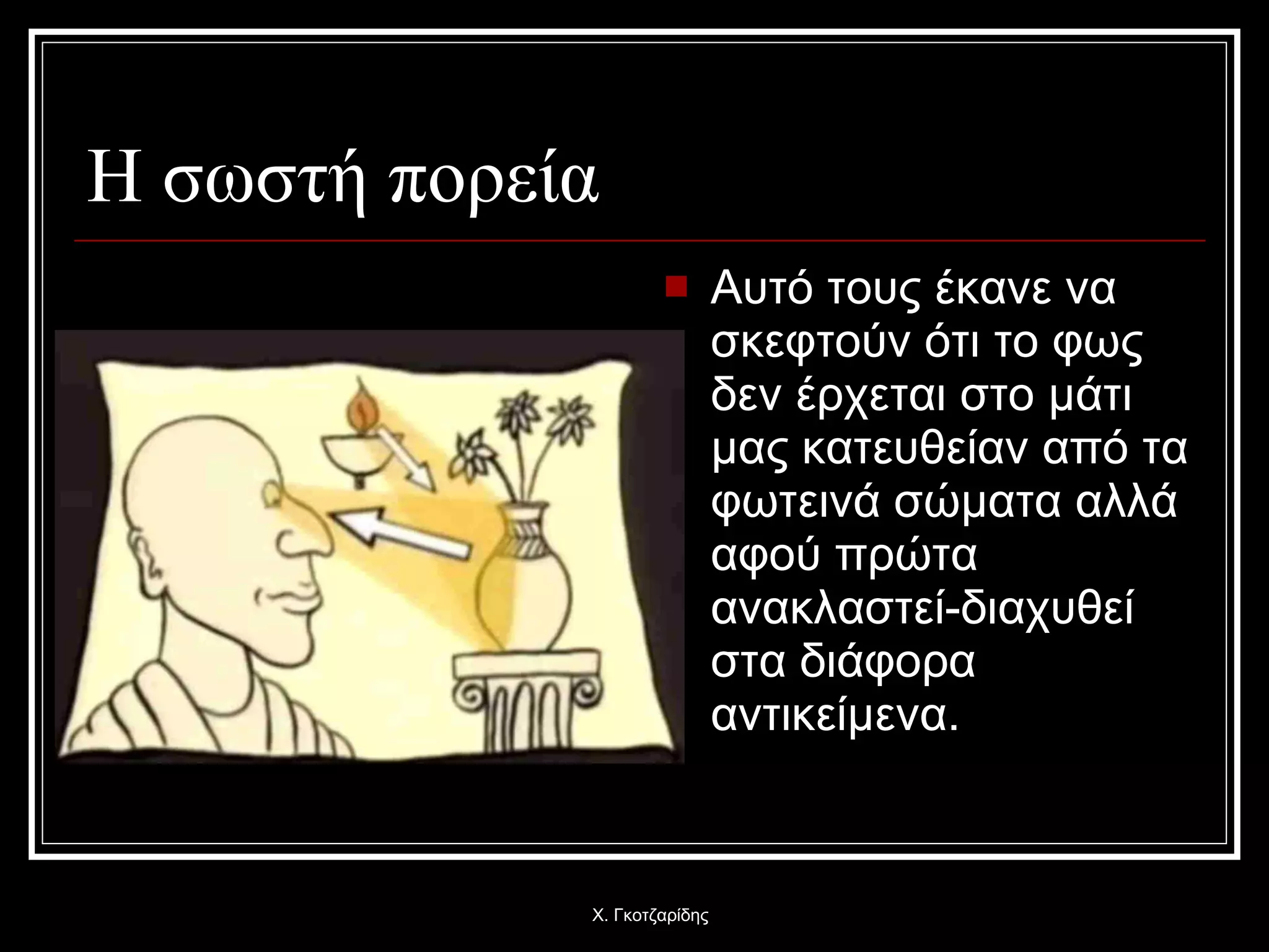 Η σωστή πορεία Αυτό τους έκανε να σκεφτούν ότι το φως δεν έρχεται στο μάτι μας κατευθείαν από τα φωτεινά σώματα αλλά αφού πρώτα ανακλαστεί-διαχυθεί στα διάφορα αντικείμενα.  Χ. Γκοτζαρίδης 