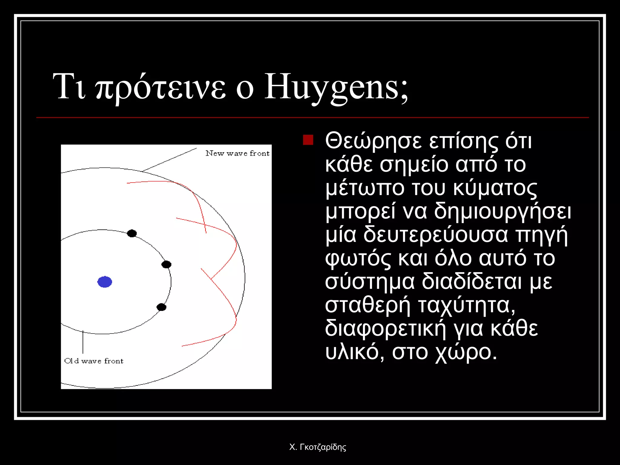 Τι πρότεινε ο Huygens;  Θεώρησε επίσης ότι κάθε σημείο από το μέτωπο του κύματος μπορεί να δημιουργήσει μία δευτερεύουσα πηγή φωτός και όλο αυτό το σύστημα διαδίδεται με σταθερή ταχύτητα, διαφορετική για κάθε υλικό, στο χώρο. Χ. Γκοτζαρίδης 