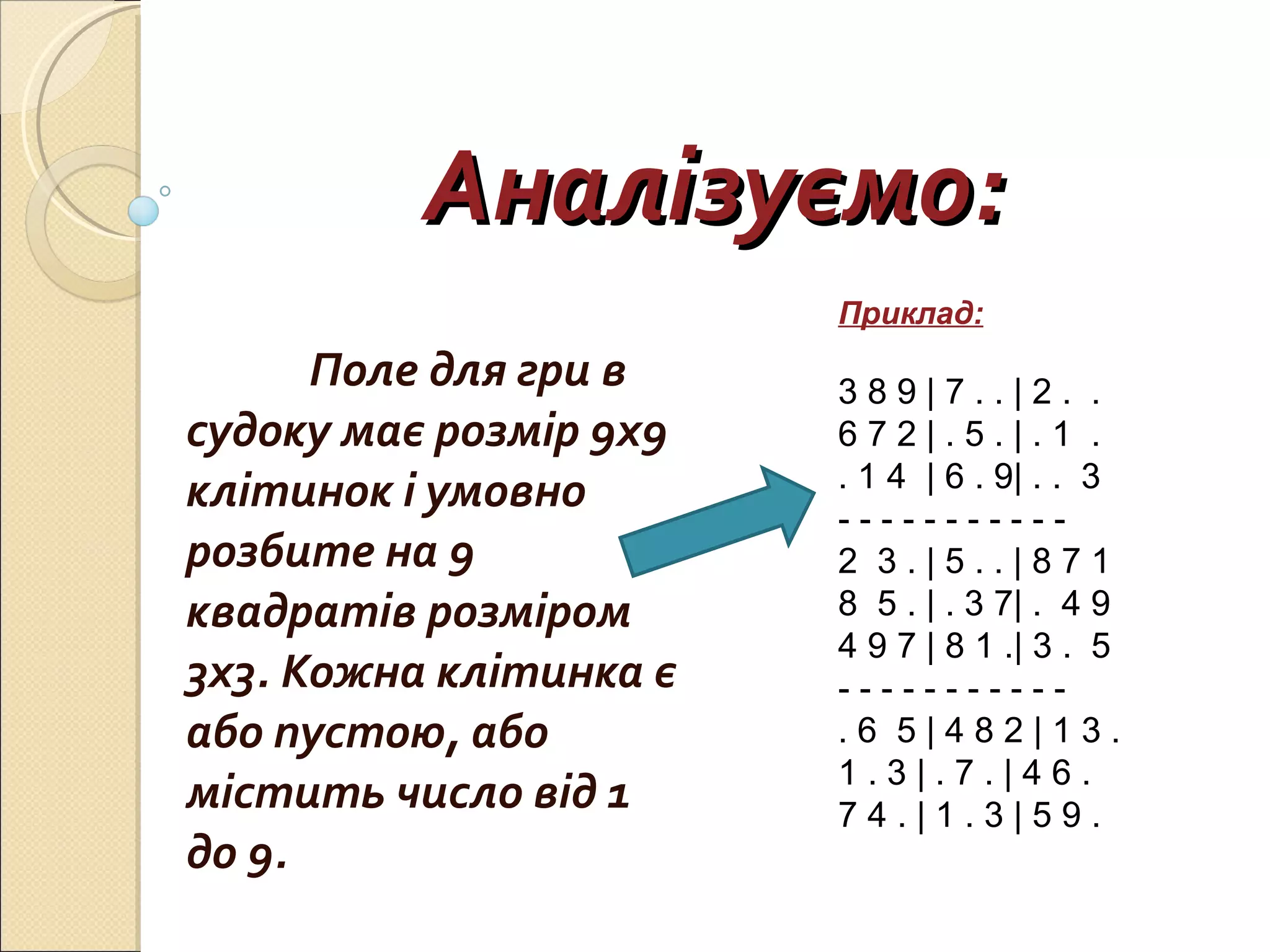 Аналізуємо: Поле для гри в судоку має розмір 9х9 клітинок і умовно розбите на 9 квадратів розміром 3х3. Кожна клітинка є або пустою, або містить число від 1 до 9. Приклад: 3 8 9 | 7 . . | 2 .  . 6 7 2 | . 5 . | . 1  . . 1 4  | 6 . 9| . .  3  - - - - - - - - - - - 2  3 . | 5 . . | 8 7 1 8  5 . | . 3 7| .  4 9 4 9 7 | 8 1 .| 3 .  5 - - - - - - - - - - - . 6  5 | 4 8 2 | 1 3 . 1 . 3 | . 7 . | 4 6 . 7 4 . | 1 . 3 | 5 9 . 