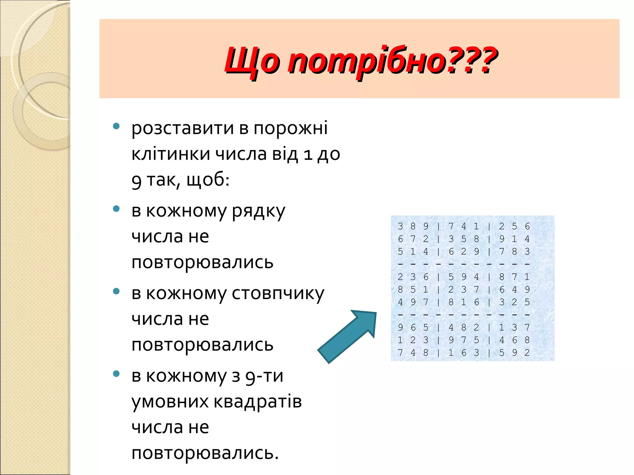 Що потрібно??? розставити в порожні клітинки числа від 1 до 9 так, щоб:  в кожному рядку числа не повторювались  в кожному стовпчику числа не повторювались  в кожному з 9-ти умовних квадратів числа не повторювались. 3 8 9 | 7 4 1 | 2 5 6 6 7 2 | 3 5 8 | 9 1 4 5 1 4 | 6 2 9 | 7 8 3 - - - - - - - - - - - 2 3 6 | 5 9 4 | 8 7 1 8 5 1 | 2 3 7 | 6 4 9 4 9 7 | 8 1 6 | 3 2 5 - - - - - - - - - - - 9 6 5 | 4 8 2 | 1 3 7 1 2 3 | 9 7 5 | 4 6 8 7 4 8 | 1 6 3 | 5 9 2 