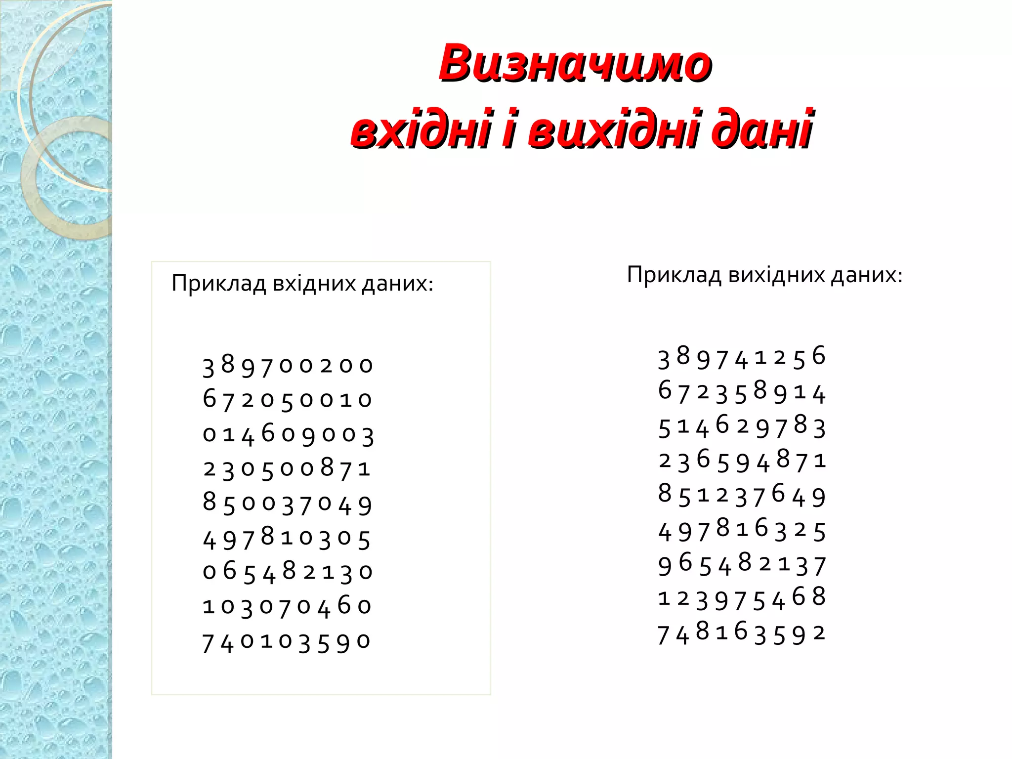 Визначимо  вхідні і вихідні дані Приклад вхідних даних: 3 8 9 7 0 0 2 0 0 6 7 2 0 5 0 0 1 0 0 1 4 6 0 9 0 0 3 2 3 0 5 0 0 8 7 1 8 5 0 0 3 7 0 4 9 4 9 7 8 1 0 3 0 5 0 6 5 4 8 2 1 3 0 1 0 3 0 7 0 4 6 0 7 4 0 1 0 3 5 9 0 Приклад вихідних даних: 3 8 9 7 4 1 2 5 6 6 7 2 3 5 8 9 1 4 5 1 4 6 2 9 7 8 3 2 3 6 5 9 4 8 7 1 8 5 1 2 3 7 6 4 9 4 9 7 8 1 6 3 2 5 9 6 5 4 8 2 1 3 7 1 2 3 9 7 5 4 6 8 7 4 8 1 6 3 5 9 2 