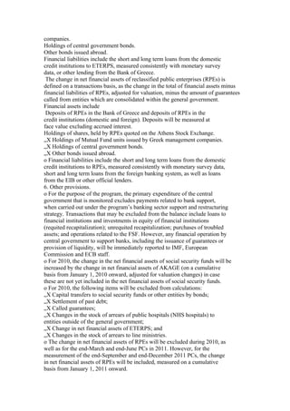 companies.
Holdings of central government bonds.
Other bonds issued abroad.
Financial liabilities include the short and long term loans from the domestic
credit institutions to ETERPS, measured consistently with monetary survey
data, or other lending from the Bank of Greece.
 The change in net financial assets of reclassified public enterprises (RPEs) is
defined on a transactions basis, as the change in the total of financial assets minus
financial liabilities of RPEs, adjusted for valuation, minus the amount of guarantees
called from entities which are consolidated within the general government.
Financial assets include
 Deposits of RPEs in the Bank of Greece and deposits of RPEs in the
credit institutions (domestic and foreign). Deposits will be measured at
face value excluding accrued interest.
Holdings of shares, held by RPEs quoted on the Athens Stock Exchange.
„X Holdings of Mutual Fund units issued by Greek management companies.
„X Holdings of central government bonds.
„X Other bonds issued abroad.
o Financial liabilities include the short and long term loans from the domestic
credit institutions to RPEs, measured consistently with monetary survey data,
short and long term loans from the foreign banking system, as well as loans
from the EIB or other official lenders.
6. Other provisions.
o For the purpose of the program, the primary expenditure of the central
government that is monitored excludes payments related to bank support,
when carried out under the program’s banking sector support and restructuring
strategy. Transactions that may be excluded from the balance include loans to
financial institutions and investments in equity of financial institutions
(requited recapitalization); unrequited recapitalization; purchases of troubled
assets; and operations related to the FSF. However, any financial operation by
central government to support banks, including the issuance of guarantees or
provision of liquidity, will be immediately reported to IMF, European
Commission and ECB staff.
o For 2010, the change in the net financial assets of social security funds will be
increased by the change in net financial assets of AKAGE (on a cumulative
basis from January 1, 2010 onward, adjusted for valuation changes) in case
these are not yet included in the net financial assets of social security funds.
o For 2010, the following items will be excluded from calculations:
„X Capital transfers to social security funds or other entities by bonds;
„X Settlement of past debt;
„X Called guarantees;
„X Changes in the stock of arrears of public hospitals (NHS hospitals) to
entities outside of the general government;
„X Change in net financial assets of ETERPS; and
„X Changes in the stock of arrears to line ministries.
o The change in net financial assets of RPEs will be excluded during 2010, as
well as for the end-March and end-June PCs in 2011. However, for the
measurement of the end-September and end-December 2011 PCs, the change
in net financial assets of RPEs will be included, measured on a cumulative
basis from January 1, 2011 onward.
 