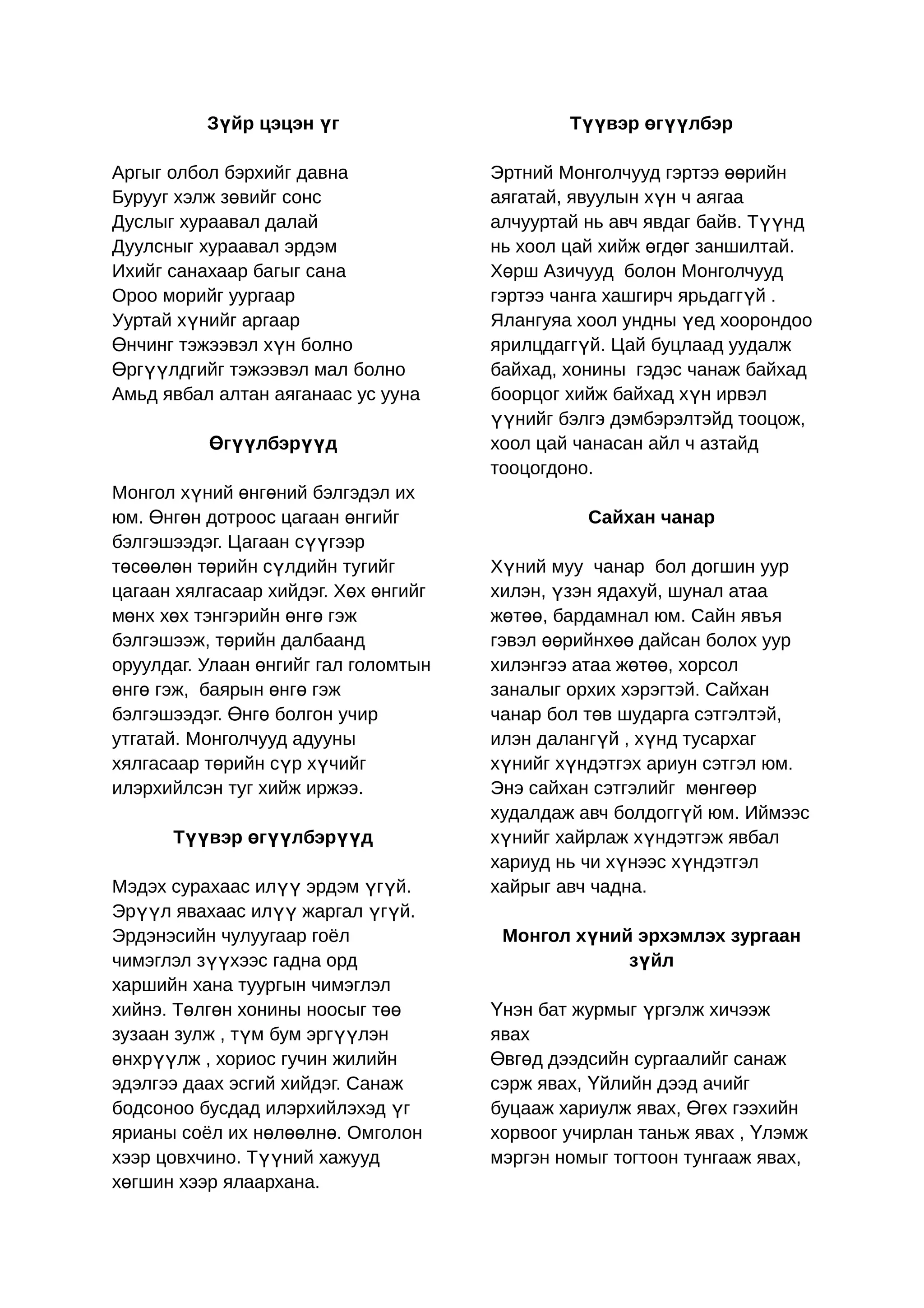 Зүйр цэцэн үг                       Түүвэр өгүүлбэр

Аргыг олбол бэрхийг давна             Эртний Монголчууд гэртээ өөрийн
Бурууг хэлж зөвийг сонс               аягатай, явуулын хүн ч аягаа
Дуслыг хураавал далай                 алчууртай нь авч явдаг байв. Түүнд
Дуулсныг хураавал эрдэм               нь хоол цай хийж өгдөг заншилтай.
Ихийг санахаар багыг сана             Хөрш Азичууд болон Монголчууд
Ороо морийг уургаар                   гэртээ чанга хашгирч ярьдаггүй .
Ууртай хүнийг аргаар                  Ялангуяа хоол ундны үед хоорондоо
Өнчинг тэжээвэл хүн болно             ярилцдаггүй. Цай буцлаад уудалж
Өргүүлдгийг тэжээвэл мал болно        байхад, хонины гэдэс чанаж байхад
Амьд явбал алтан аяганаас ус ууна     боорцог хийж байхад хүн ирвэл
                                      үүнийг бэлгэ дэмбэрэлтэйд тооцож,
          Өгүүлбэрүүд                 хоол цай чанасан айл ч азтайд
                                      тооцогдоно.
Монгол хүний өнгөний бэлгэдэл их
юм. Өнгөн дотроос цагаан өнгийг                 Сайхан чанар
бэлгэшээдэг. Цагаан сүүгээр
төсөөлөн төрийн сүлдийн тугийг        Хүний муу чанар бол догшин уур
цагаан хялгасаар хийдэг. Хөх өнгийг   хилэн, үзэн ядахуй, шунал атаа
мөнх хөх тэнгэрийн өнгө гэж           жөтөө, бардамнал юм. Сайн явъя
бэлгэшээж, төрийн далбаанд            гэвэл өөрийнхөө дайсан болох уур
оруулдаг. Улаан өнгийг гал голомтын   хилэнгээ атаа жөтөө, хорсол
өнгө гэж, баярын өнгө гэж             заналыг орхих хэрэгтэй. Сайхан
бэлгэшээдэг. Өнгө болгон учир         чанар бол төв шударга сэтгэлтэй,
утгатай. Монголчууд адууны            илэн далангүй , хүнд тусархаг
хялгасаар төрийн сүр хүчийг           хүнийг хүндэтгэх ариун сэтгэл юм.
илэрхийлсэн туг хийж иржээ.           Энэ сайхан сэтгэлийг мөнгөөр
                                      худалдаж авч болдоггүй юм. Иймээс
      Түүвэр өгүүлбэрүүд              хүнийг хайрлаж хүндэтгэж явбал
                                      хариуд нь чи хүнээс хүндэтгэл
Мэдэх сурахаас илүү эрдэм үгүй.       хайрыг авч чадна.
Эрүүл явахаас илүү жаргал үгүй.
Эрдэнэсийн чулуугаар гоёл              Монгол хүний эрхэмлэх зургаан
чимэглэл зүүхээс гадна орд                         зүйл
харшийн хана туургын чимэглэл
хийнэ. Төлгөн хонины ноосыг төө       Үнэн бат журмыг үргэлж хичээж
зузаан зулж , түм бум эргүүлэн        явах
өнхрүүлж , хориос гучин жилийн        Өвгөд дээдсийн сургаалийг санаж
эдэлгээ даах эсгий хийдэг. Санаж      сэрж явах, Үйлийн дээд ачийг
бодсоноо бусдад илэрхийлэхэд үг       буцааж хариулж явах, Өгөх гээхийн
ярианы соёл их нөлөөлнө. Омголон      хорвоог учирлан таньж явах , Үлэмж
хээр цовхчино. Түүний хажууд          мэргэн номыг тогтоон тунгааж явах,
хөгшин хээр ялаархана.
 