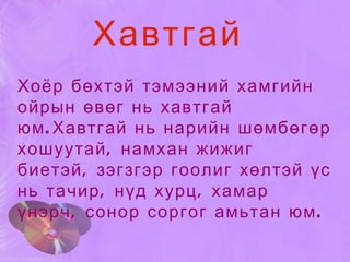 Хавтгай  Хоёр бөхтэй тэмээний хамгийн ойрын өвөг нь хавтгай юм.Хавтгай нь нарийн шөмбөгөр хошуутай, намхан жижиг биетэй, зэгзгэр гоолиг хөлтэй үс нь тачир, нүд хурц, хамар үнэрч, сонор соргог амьтан юм. 