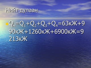 Нийт дулаан Q н =Q 1 +Q 2 +Q 3 +Q 4 =63 кЖ+990кЖ+1260кЖ+6900кЖ =9213 кЖ 