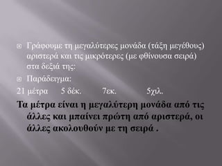 Γράφουμε τη μεγαλύτερες μονάδα (τάξη μεγέθους) αριστερά και τις μικρότερες (με φθίνουσα σειρά) στα δεξιά της:Παράδειγμα:21 μέτρα      5 δέκ.	7εκ.		5χιλ.Τα μέτρα είναι η μεγαλύτερη μονάδα από τις άλλες και μπαίνει πρώτη από αριστερά, οι άλλες ακολουθούν με τη σειρά .