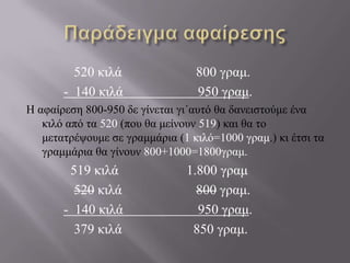 Παράδειγμα αφαίρεσης             520 κιλά			800 γραμ.-  140 κιλά                      950 γραμ. Η αφαίρεση 800-950 δε γίνεται γι΄αυτό θα δανειστούμε ένα κιλό από τα 520 (που θα μείνουν 519) και θα το μετατρέψουμε σε γραμμάρια (1 κιλό=1000 γραμ.) κι έτσι τα γραμμάρια θα γίνουν 800+1000=1800γραμ.             519 κιλά                    1.800 γραμ520 κιλά			800γραμ.-  140 κιλά                      950 γραμ.              379 κιλά                     850 γραμ.