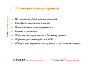 Логика реализации проекта


— Согласование общей модели ценностей
— Разработка модели компетенций
— Оценка в формате центра развития
— Коучинг топ-команды
— Обратная связь участникам и Заказчику проекта
— Обучение участников работе с ИПР
— ИПР для всех оцененных сотрудников и стратегия их карьеры




                                                  Play your own game
                                                                       | 10
 