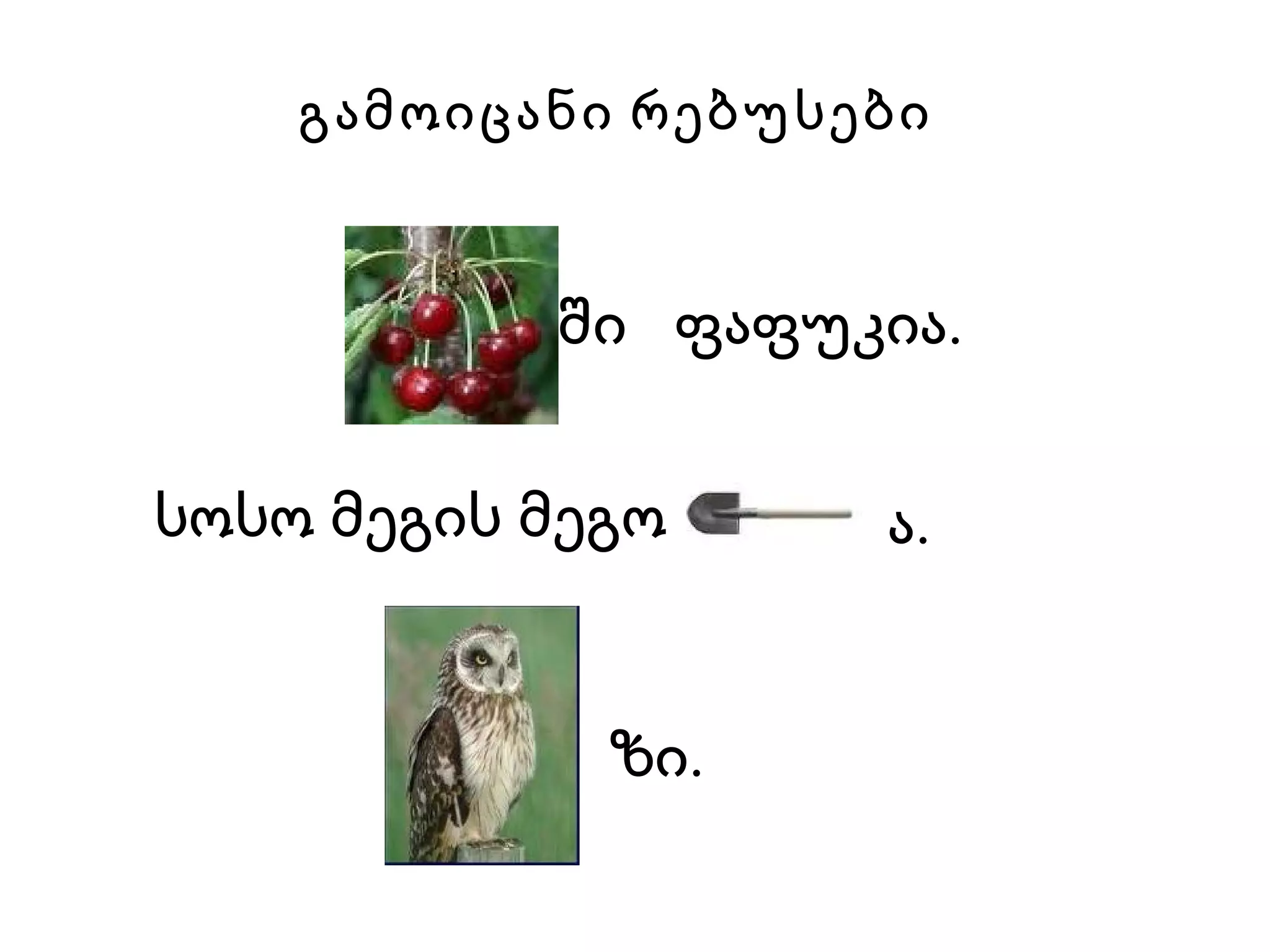 გამოიცანი რებუსები ში  ფაფუკია.  სოსო მეგის მეგო   ა.   ზი.   