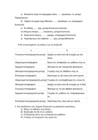 γ) Φανήσεται πρός τόν Δημοχάρη ταῦτα ....... (ὁμολογέω -ῶ, μετοχή
Παρακειμένου)
     δ) Ἤρξατο τά μακρά τείχη Ἀθηναῖοι ........ (οἰκοδομέω -ῶ, απαρέμφατο
Ενεστώτα)
     ε) Σύ ἐσθλός ....... (εἰμί, μετοχή Ενεστώτα) ἐπίστασο
     στ) Αἰσχύνῃ πατέρα ........ (προλείπω, μετοχή Ενεστώτα)
     ζ) Αἰσχύνονται λόγους ......... (γράφω, απαρέμφατο Ενεστώτα)
     η) Περικλῆς ἔγνω τήν εἰσβολήν ....... (εἰμί, μετοχή Μέλλοντα)


  4.Να αντιστοιχίσετε τη στήλη Α με τη στήλη Β:

                Α                                        Β

Γιγνώσκω+κατηγορηματική μετοχή     Αρχίζω να κάνω κάτι (& συνεχίζω με κάτι
                                   άλλο)

Αἰσχύνομαι+απαρέμφατο              Κρίνω ότι, αποφασίζω να, μαθαίνω πώς να

Ἄρχομαι+απαρέμφατο                 Φαίνομαι ότι (σε πραγματικό φαινόμενο)

Φαίνομαι+κατηγορηματική μετοχή     Γνωρίζω πώς να, Μαθαίνω πώς να

Ἐπίσταμαι+απαρέμφατο               Ντρέπομαι να, δεν κάνω κάτι από ντροπή

Αίσχύνομαι+κατηγορηματική μετοχή Γνωρίζω ότι, αντιλαμβάνομαι ότι, εννοώ ότι

Φαίνομαι+απαρέμφατο                Αρχίζω να κάνω κάτι (& συνεχίζω με το ίδιο)

Γιγνώσκω+απαρέμφατο                Φαίνομαι να, ότι (σε αβέβαιο φαινόμενο)

Ἄρχομαι+κατηγορηματική μετοχή      Γνωρίζω ότι, μαθαίνω ότι, πληροφορούμαι
                                   ότι

Ἐπίσταμαι+κατηγορηματική μετοχή Ντρέπομαι που, κάνω κάτι με ντροπή

5. Να αποδώσετε στα Αρχαία Ελληνικά τις παρακάτω προτάσεις:
      α) Ξέρω να σέβομαι τους θεούς
      β) Κατάλαβε ότι θα γίνει εισβολή
      γ) Ο Περικλής έδινε την εντύπωση ότι φοβόταν
      δ) Γνώριζε να συγκρατεί την οργή του
 