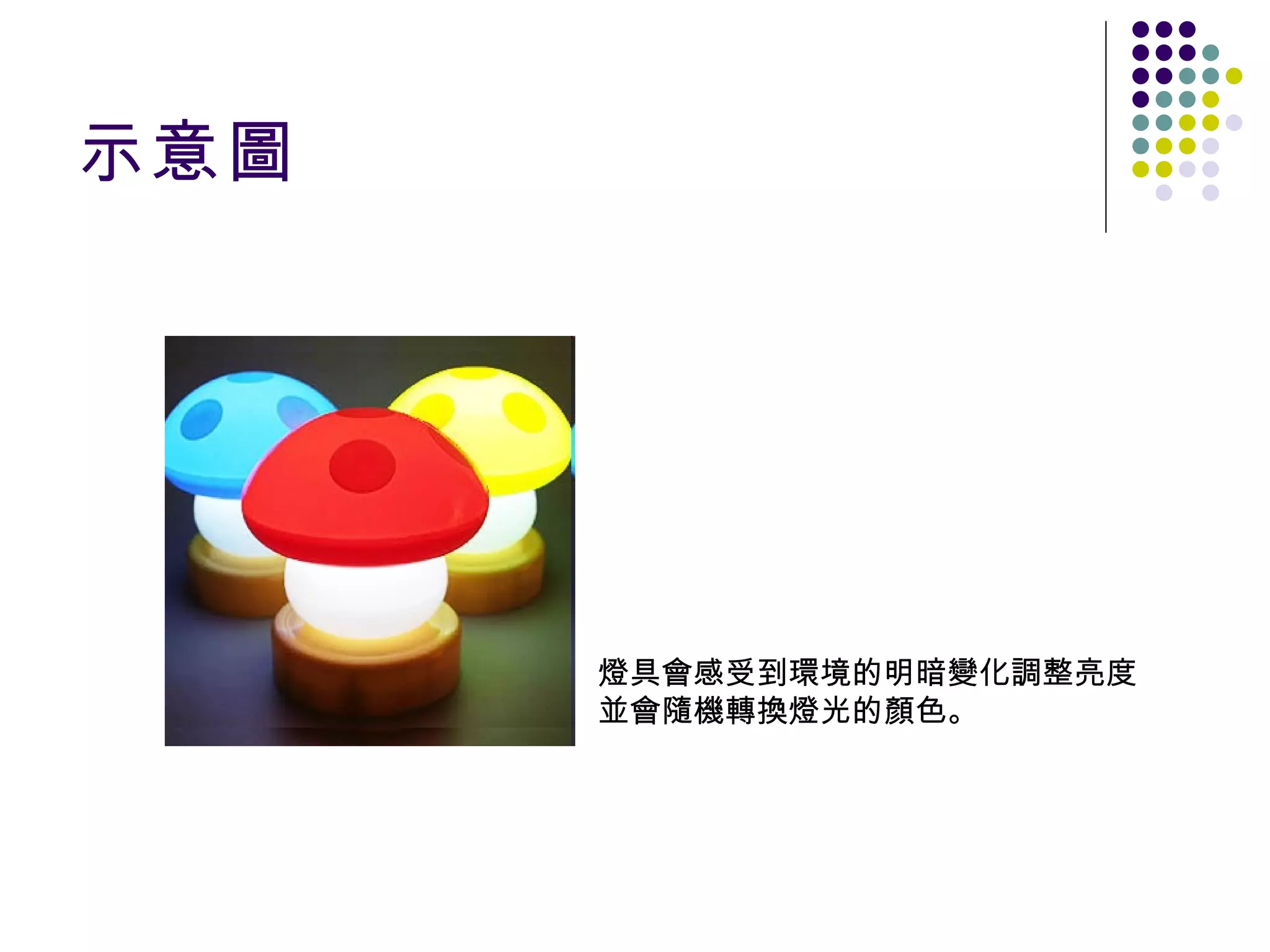 示意圖 燈具會感受到環境的明暗變化調整亮度 並會隨機轉換燈光的顏色。 