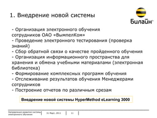 31 Март, 2011 Направления развития системы электронного обучения Организация электронного обучения сотрудников ОАО «ВымпелКом» Проведение электронного тестирования (проверка знаний) Сбор обратной связи о качестве пройденного обучения Организация информационного пространства для хранения и обмена учебными материалами (электронная библиотека) Формирование комплексных программ обучения Отслеживание результатов обучения Менеджерами сотрудников Построение отчетов по различным срезам 1. Внедрение новой системы Внедрение новой системы  HyperMethod eLearning 3000   