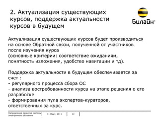 31 Март, 2011 Направления развития системы электронного обучения Актуализация существующих курсов будет производиться на основе Обратной связи, полученной от участников после изучения курса (основные критерии: соответствие ожиданиям, понятность изложения, удобство навигации и тд). Поддержка актуальности в будущем обеспечивается за счет : - регулярного процесса сбора ОС анализа востребованности курса на этапе решения о его разработке формирования пула экспертов-кураторов, ответственных за курс.  2. Актуализация существующих  курсов, поддержка актуальности  курсов в будущем 