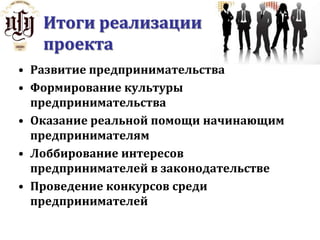 ПрограммаПроведение ежегодного конкурса на звание лучшего предпринимателя годапо сегментам рынка.Организация плановых заседаний предпринимателей по сегментам рынка.Создание площадки инновационных и технических изобретений на базе одного из ведущих вузов города и организация семинаров-экскурсий для предпринимателей с целью развития малого и среднего бизнеса в инновационной и производственной сферах.Выпуск именных пластиковых карт в целях создания одной общей скидки для всех компаний-членов Ассоциации.Проведение конкурса лучших бизнес-планов.Изготовление и распространение информационного сборника «В помощь предпринимателю».Создание «Центра развития предпринимательства» при Ассоциации. Проведение тематических и разъяснительных семинаров (по изменениям в налогообложении).Мониторинг региональных льгот и конкурсов для малого и среднего бизнеса.Создание института наставничества. 