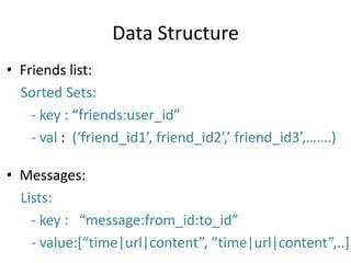 Data Structure<br />Friends list:<br />Sorted Sets:<br />      - key : “friends:user_id”<br />      - val:  (‘friend_id1’,...