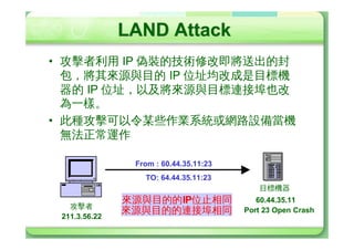 Ping of Death
• a#
 – ˜Ping of Death™J¾_ïÔ@}Y ping Ë
   (ICMP echo request) dø¿ÓàP
   (Overflow)d1þ¬çÌ,Ml6*Ð…Úf
 