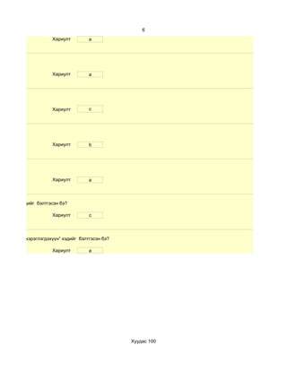 6
                     Хариулт         a




                     Хариулт         a




                     Хариулт         c




                     Хариулт         b




                     Хариулт         a



хичээл” хэдийг бэлтгэсэн бэ?

                     Хариулт         c



сургалтын хэрэглэгдэхүүн” хэдийг бэлтгэсэн бэ?

                     Хариулт         a




                                                 Хуудас 100
 