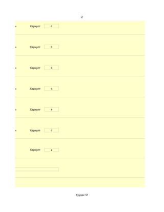 2


d. Маш сайн   Хариулт   c




d. Маш сайн   Хариулт   d




d. Маш сайн   Хариулт   d




d. Маш сайн   Хариулт   c




d. Маш сайн   Хариулт   a




d. Маш сайн   Хариулт   c




              Хариулт   a




                            Хуудас 51
 