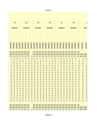 Анализ




            23                                  24                                  25                                  26                                  27                                   28                                 29


     #NAME?                              #NAME?                              #NAME?                              #NAME?                              #NAME?                                  #NAME?                              #NAME?
#NAME?
         #NAME?
                  #NAME?
                           #NAME?
                                    #NAME?
                                             #NAME?
                                                      #NAME?
                                                               #NAME?
                                                                        #NAME?
                                                                                 #NAME?
                                                                                          #NAME?
                                                                                                   #NAME?
                                                                                                            #NAME?
                                                                                                                     #NAME?
                                                                                                                              #NAME?
                                                                                                                                       #NAME?
                                                                                                                                                #NAME?
                                                                                                                                                         #NAME?
                                                                                                                                                                  #NAME?
                                                                                                                                                                           #NAME?
                                                                                                                                                                                    #NAME?
                                                                                                                                                                                             #NAME?
                                                                                                                                                                                                      #NAME?

                                                                                                                                                                                                               #NAME?

                                                                                                                                                                                                                        #NAME?

                                                                                                                                                                                                                                 #NAME?
#N #N #N #N #N #N #N                                                    #N #N #N #N #N #N #N #N #N #N #N #N #N #N #N #N
AM AM AM AM AM AM AM                                                    AM AM AM AM AM AM AM AM AM AM AM AM AM AM AM AM #NA #NA
E? E? E? E? E? E? E?                                              0     E? E? E? E? E? E? E? E? E? E? E? E? E? E? E? E? ME? ME?
 1 0 0 0 1 0 0                                                    0      0 0 1 0 0 1 0 0 1 0 0 0 0 0 0                1   0   0
 1 0 0 0 0 1 0                                                    0      0 1 0 0 0 1 0 0 1 0 0 0 0 0 1                0   0   1
 1 0 0 0 1 0 0                                                    0      0 0 0 1 1 0 0 0 1 0 0 0 0 0 1                0   0   1
 1 0 0 0 1 0 0                                                    0      0 1 0 0 0 1 0 0 1 0 0 0 0 0 1                0   0   0
 1 0 0 0 1 0 0                                                    0      0 0 1 0 0 1 0 0 1 0 0 0 0 0 1                0   1   0
 0 0 0 0 0 0 0                                                    0      0 0 0 0 0 0 0 0 0 0 0 0 0 0 0                0   0   0
 0 0 0 0 0 0 0                                                    0      0 0 0 0 0 0 0 0 0 0 0 0 0 0 0                0   0   0
 0 0 0 0 0 0 0                                                    0      0 0 0 0 0 0 0 0 0 0 0 0 0 0 0                0   0   0
 0 0 0 0 0 0 0                                                    0      0 0 0 0 0 0 0 0 0 0 0 0 0 0 0                0   0   0
 0 0 0 0 0 0 0                                                    0      0 0 0 0 0 0 0 0 0 0 0 0 0 0 0                0   0   0
 0 0 0 0 0 0 0                                                    0      0 0 0 0 0 0 0 0 0 0 0 0 0 0 0                0   0   0
 0 0 0 0 0 0 0                                                    0      0 0 0 0 0 0 0 0 0 0 0 0 0 0 0                0   0   0
 0 0 0 0 0 0 0                                                    0      0 0 0 0 0 0 0 0 0 0 0 0 0 0 0                0   0   0
 0 0 0 0 0 0 0                                                    0      0 0 0 0 0 0 0 0 0 0 0 0 0 0 0                0   0   0
 0 0 0 0 0 0 0                                                    0      0 0 0 0 0 0 0 0 0 0 0 0 0 0 0                0   0   0
 0 0 0 0 0 0 0                                                    0      0 0 0 0 0 0 0 0 0 0 0 0 0 0 0                0   0   0
 0 0 0 0 0 0 0                                                    0      0 0 0 0 0 0 0 0 0 0 0 0 0 0 0                0   0   0
 0 0 0 0 0 0 0                                                    0      0 0 0 0 0 0 0 0 0 0 0 0 0 0 0                0   0   0
 0 0 0 0 0 0 0                                                    0      0 0 0 0 0 0 0 0 0 0 0 0 0 0 0                0   0   0

#N #N #N #N #N #N #N                                                #N #N #N #N #N #N #N #N #N #N #N #N #N #N #N #N
AM AM AM AM AM AM AM                                                AM AM AM AM AM AM AM AM AM AM AM AM AM AM AM AM #NA #NA
E? E? E? E? E? E? E?                                              0 E? E? E? E? E? E? E? E? E? E? E? E? E? E? E? E? ME? ME?


                                                                                                             Хуудас 6
 