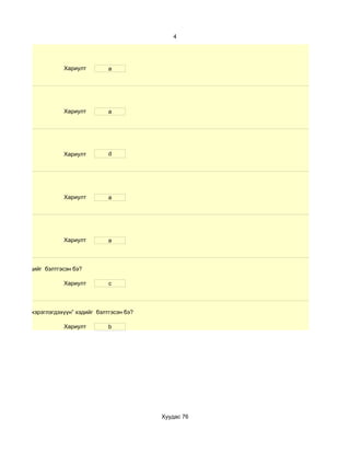 4




                     Хариулт         a




                     Хариулт         a




                     Хариулт         d




                     Хариулт         a




                     Хариулт         a



хичээл” хэдийг бэлтгэсэн бэ?

                     Хариулт         c




сургалтын хэрэглэгдэхүүн” хэдийг бэлтгэсэн бэ?

                     Хариулт         b




                                                 Хуудас 76
 