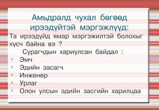 Амьдралд чухал бөгөөд
     ирээдүйтэй мэргэжлүүд:
Та ирээдүйд ямар мэргэжилтэй болохыг
хүсч байна вэ ?
    Сурагчдын хариулсан байдал :
 ü
   Эмч
 ü
   Эдийн засагч
 ü
   Инженер
 ü
   Урлаг
 ü
   Олон улсын эдийн засгийн харилцаа
 