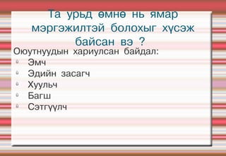 Та урьд өмнө нь ямар
   мэргэжилтэй болохыг хүсэж
         байсан вэ ?
Оюутнуудын хариулсан байдал:
ü
  Эмч
ü
  Эдийн засагч
ü
  Хуульч
ü
  Багш
ü
  Сэтгүүлч
 