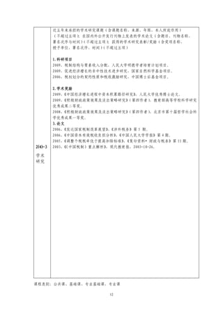 近五年来承担的学术研究课题（含课题名称、来源、年限、本人所起作用）
       （不超过五项）
             ；在国内外公开发行刊物上发表的学术论文（含题目、刊物名称、
       署名次序与时间）（不超过五项）
                     ；获得的学术研究表彰/奖励（含奖项名称、
       授予单位、署名次序、时间）（不超过五项）

       1.科研项目
       2009，税制结构与要素收入分配，人民大学明德学者培育计划项目。
       2009，促进经济增长的非中性技术进步研究，国家自然科学基金项目。
       2006，税权划分的契约性质和税收激励研究，中国博士后基金项目。

       2.学术奖励
       2009，
           《中国经济增长进程中资本积累路径研究》  ，人民大学优秀博士论文。
       2009，《积极财政政策效果及淡出策略研究》 （第四作者）  ，教育部高等学校科学研究
       优秀成果二等奖。
       2008，《积极财政政策效果及淡出策略研究》 （第四作者）  ，北京市第十届哲学社会科
       学优秀成果一等奖。
       3.论文
       2006，
           《发达国家税制改革展望》《涉外税务》第 5 期。
                        ，
       2006，
           《中国资本有效税收负担分析》《中国人民大学学报》第 4 期。
                          ，
       2005，
           《调整个税税率优于提高扣除标准》《复印资料• 财政与税务》第 11 期。
                            ，
2⑷-3   2003，〈中国税制〉重点解析》
           《           ，现代教育报，2003-10-26。

学术
研究




课程类别：公共课、基础课、专业基础课、专业课

                        12
 