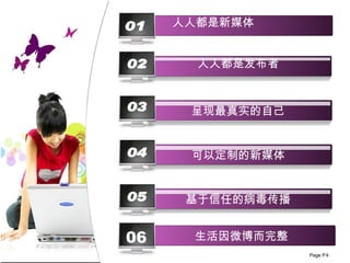 02 03 04 05 生活因微博而完整 06 人人都是新媒体 01 人人都是发布者  呈现最真实的自己 可以定制的新媒体 基于信任的病毒传播 