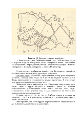 Рисунок 14. Карповое прудовое хозяйство:
      1- Карантинные пруды; 2- Водоподающий канал; 3- Нерестевые пруды;
4- Выростные пруды; 5-Нагульные пруды; 6- Сбросной канал; 7-Водозабор-
ное сооружение; 8-Ограждающяя дамба; 9-Паводковый водосброс; 10-Маточ-
ные пруды; 11-Зимовальные пруды; 12-Садки; 13-Хозцентр;

      Речные пруды – снабжаются водой из рек. По характеру устройства
они разделяются на две группы: русловые и пойменные.
      Русловые пруды устраивают, перегораживая долину реки поперечной
плотиной. Площади этих прудов от 5 до 300 га, глубина не менее 3-4 м.
Пруды тепловодные и в большинстве случаев проточные. В этих прудах
водится различная рыба, населяющая реку.
      Пойменные пруды образуются при обваловании пониженной части
поймы. Вода в пруды подается с помощью канала из водоема,
расположенного в повышенной части поймы. Обычно такие пруды
расположены в пойме главной реки, а водой снабжаются из протока или
головного пруда (водохранилища).
      Размеры прудов от 30 до 100 га. Глубина прудов у плотины не
превышает 1,5-2,0 м и равномерно понижается к надпойменной террасе.
Пруды тепловодные.
      При строительстве новых прудов и приспособлений, предназначенных
для рыбоводства, необходимо предусмотреть:

                                  33
 