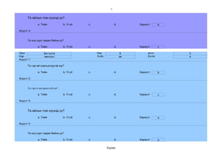 1


      Та айлын том хүүхэд үү?

              a. Тийм             b. Үгүй   c.                d.        Хариулт      b

Асуулт 4:


      Та онц сурч чадаж байна уу?

              a. Тийм             b. Үгүй   c.                d.        Хариулт      c

Овог               баттулга                      Нас                8        анги        3
Нэр                мөнхзул                       Хүйс              эм        бүлэг       в
Асуулт 1:

      Та гэртэй компьютертэй юу?

              a. Тийм             b. Үгүй   c.                d.        Хариулт      b

Асуулт 2:


      Та гэртээ интернеттэй юу?

              a. Тийм             b. Үгүй   c.                d.        Хариулт      c

Асуулт 3:


      Та айлын том хүүхэд үү?

              a. Тийм             b. Үгүй   c.                d.        Хариулт      a

Асуулт 4:


      Та онц сурч чадаж байна уу?

              a. Тийм             b. Үгүй   c.                d.        Хариулт      a

                                                        Хуудас 
 