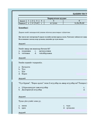 ЦАХИМ ТЕСТ

                                   Хариултын хуудас
 Асуулт    1    2     3    4             5                                6
Хариулт    a    d    b,d   c         эс тусах                        1c,2a,3b,4d

Хувилбар­1

Дараах эхийг анхааралтай уншиж ойлгоод даалгаврыг гүйцэтгэнэ.

Цаг нисэх мэт өнгөрсөөр 8 сарын сүүлийн аагим өдрүүд эхлэв. Тунгалаг сайхан нэг өдөр гэнэт үүл бү
Би өглөөнөөс эхлээд хээр зугаалж, цэцгийн үр түүж явлаа.


Асуулт1


Эхийг ямар хэв маягаар бичсэн бэ?
a. хүүрнэмж     c.   эргэцүүлэмж
b. тоочимж      d. тайлбарламж

Асуулт2


Эхийн сэдвийг тодорхойл.

a.   Зугаалга
b.   Үүл
c.   Зун
d.   Бороо

Асуулт3


“Үүл бүрхэв”. “Бороо орлоо” гэсэн 2 өгүүлбэр нь ямар өгүүлбэр вэ? Тохирох 2 хариулты

a. 2 бүрэлдэхүүнт цөм өгүүлбэр                                                  c.
b. Дэлгэрэнгүй өгүүлбэр                                                         d.


Асуулт4

Тусах үйл үгийг олно уу.

a. нисэх                                               c.   түүх
b. орох                                                d.   зугаалах

Асуулт5
 